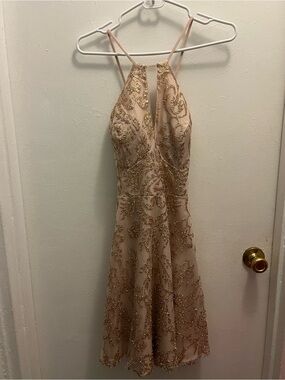 Gold-Beaded Blush Halter Prom Dress